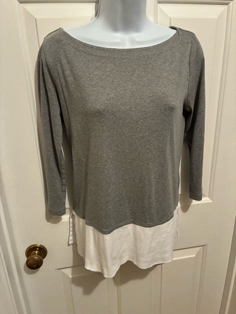LOFT Gray and White Layered Hem Top, Pima Cotton, Small